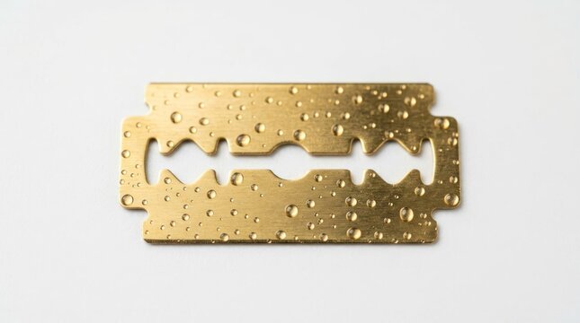 Closeup of a Golden DoubleEdged Razor Blade with Water Droplets.