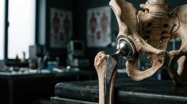 Closeup of a Hip Replacement Implant in a Medical Setting.