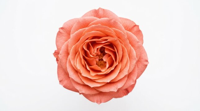 Closeup of a single fully bloomed coral rose flower head.