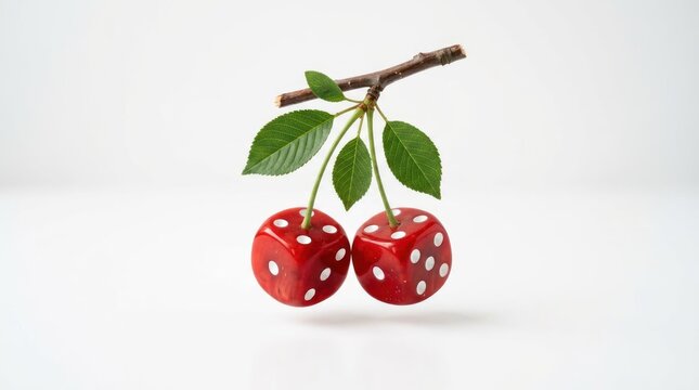 Creative Concept of Dice Shaped Cherries on a Branch.