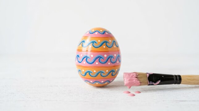 Decorated Easter Egg with Pink Paintbrush and Splatters on White Background.