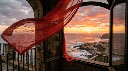 Obraz premium Dramatic Sunset View Through Balcony with Flowing Red Curtain.