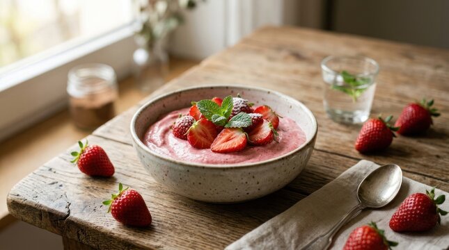 Delicious Strawberry Mousse Dessert with Fresh Berries and Mint.
