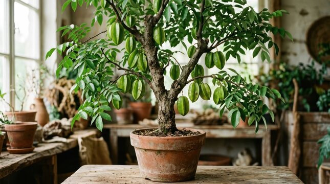 Exotic Star Fruit Tree in Rustic Greenhouse Setting.