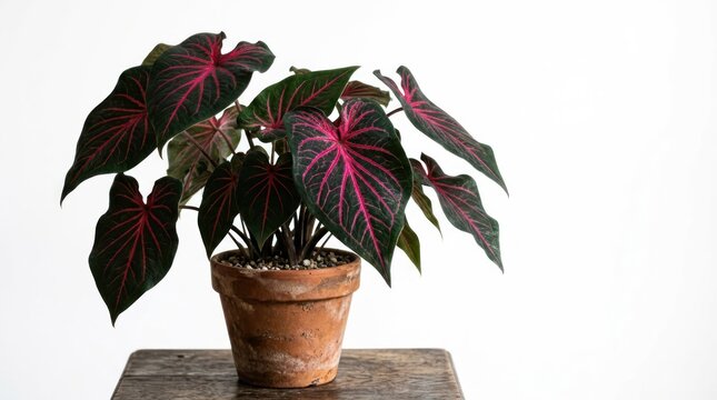 Exotic Caladium Plant with Dark Green and Vibrant Pink Leaves in Terracotta Pot.