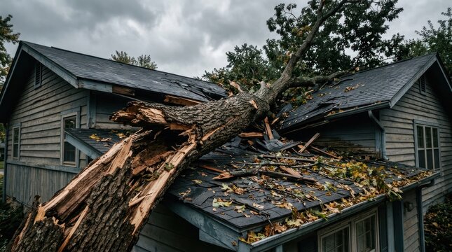 Fallen Tree Crushes Roof of Residential House After Storm Damage.