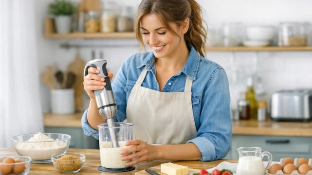 Joyful chef mixing drink with blender and ingredients at counter