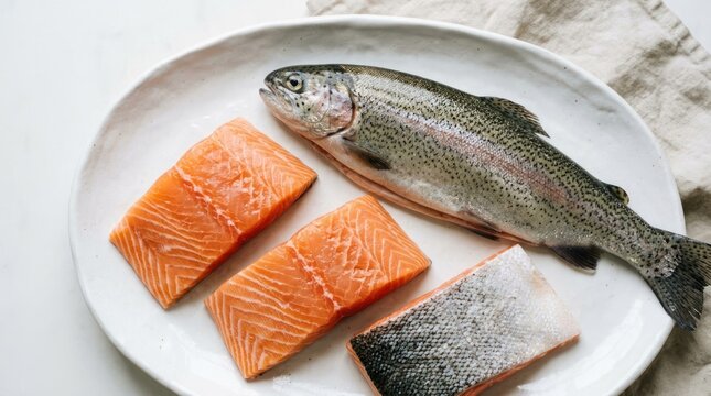 Fresh Whole Rainbow Trout and Salmon Fillets on a White Plate.