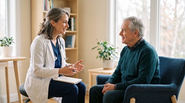 Doctor consulting with elderly patient in a comfortable home setting