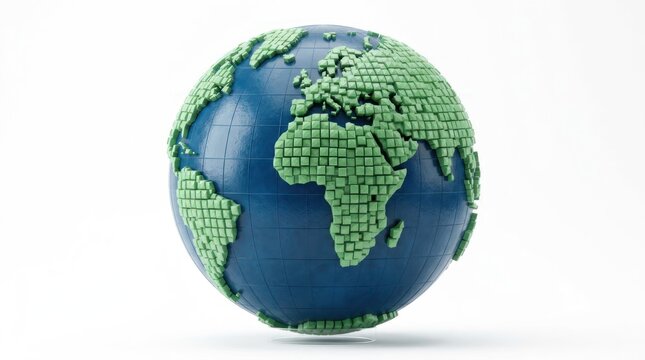 Globe made of green cubes representing earth continents and oceans.