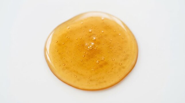 Golden Honey Droplet on White Background Macro Shot.