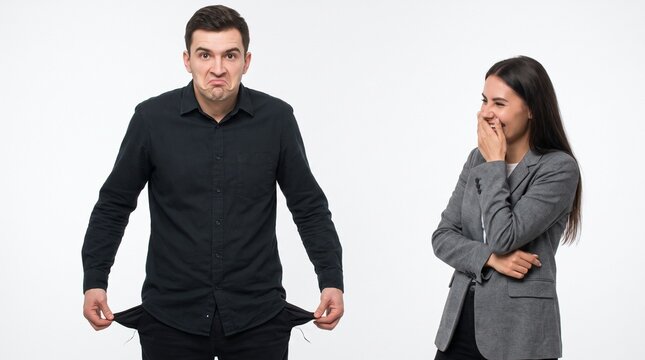 A man with empty pockets looking frustrated while a woman laughs beside him