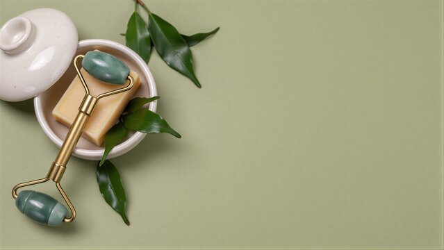 Green jade roller, soap, and leaves on soft green background.