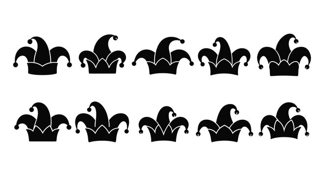 A collection of ten black jester hat silhouettes arranged in two rows isolated on a clean white background for design
