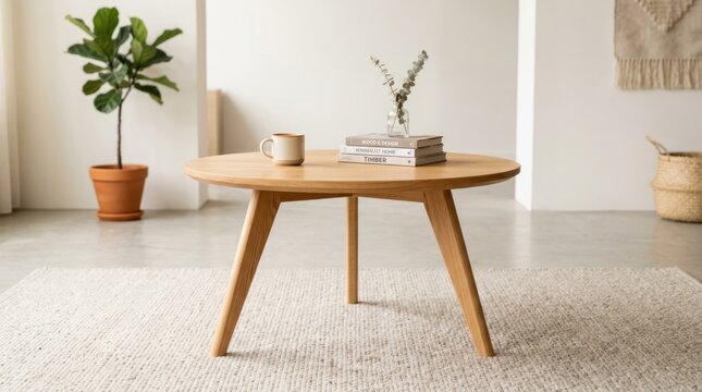 Modern Round Wooden Coffee Table with Plant and Decor.