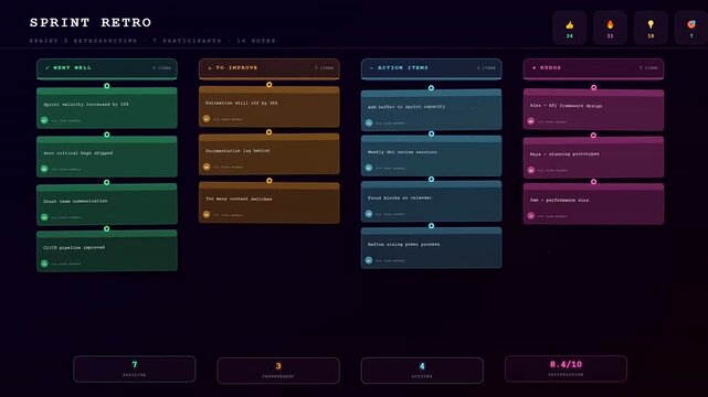 This digital dashboard showing a team project timeline smoothly animates across the screen with glowing cards representing agile development.