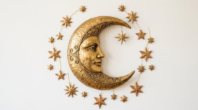 Ornate Golden Crescent Moon with Star Garland Decoration.