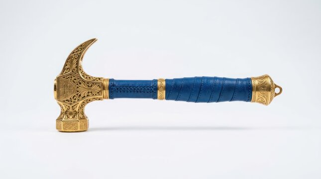 Ornate Golden Hammer with Blue Handle on White Background.