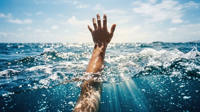 Person drowning in the ocean hand reaching out of the water for help.