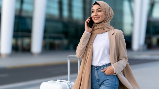 Happy Muslim woman in hijab talks on phone while walking with suitcase outside airport before her flight Generative AI
