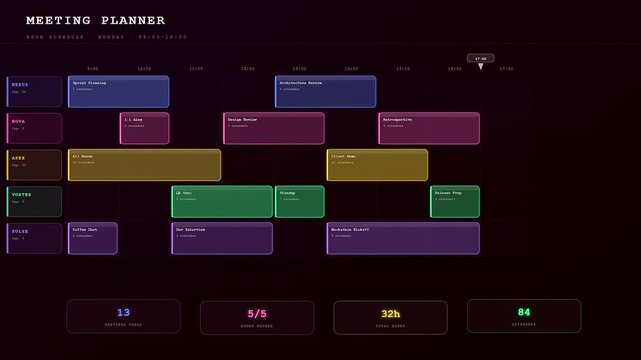 A digital interface displays a detailed team project timeline as various meeting blocks populate across a dark user dashboard.