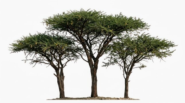 Three Acacia Trees in a Natural Setting Isolated on White Background.
