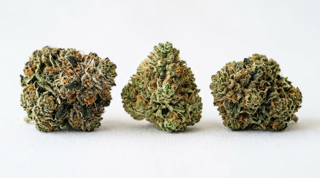 Three distinct cannabis buds showcasing their unique textures and colors.