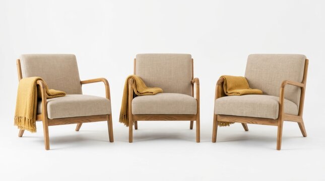Three MidCentury Modern Armchairs with Wooden Frames and Beige Upholstery.