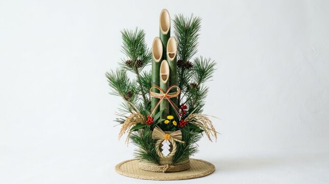 Traditional Japanese Kadomatsu New Year Decoration with Pine and Bamboo.