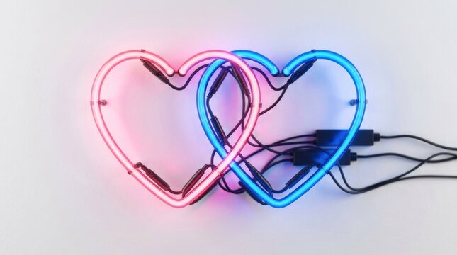 Two Intertwined Neon Heart Lights Glowing Pink and Blue.