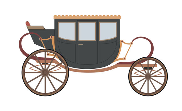 Illustration of an antique horse-drawn brougham or landau, on a white background, for use in designs and projects dedicated to wedding paraphernalia, historical transport or childrens illustrations