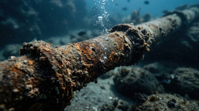 Underwater Rusty Pipe Covered in Marine Life on Seabed.