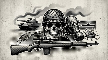 Fototapeta premium Warfare and Conflict Symbols Skull Gas Mask Tank and Rifle.