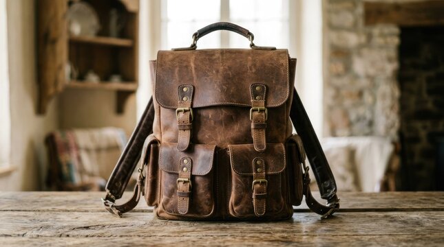 Vintage Leather Backpack on Wooden Table.