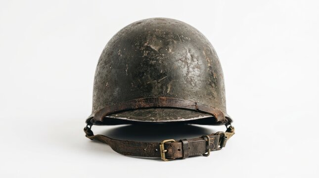 Vintage Military Helmet with Leather Strap on White Background.