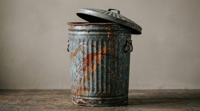 Vintage Rusty Metal Trash Can with Lid on Wooden Surface.