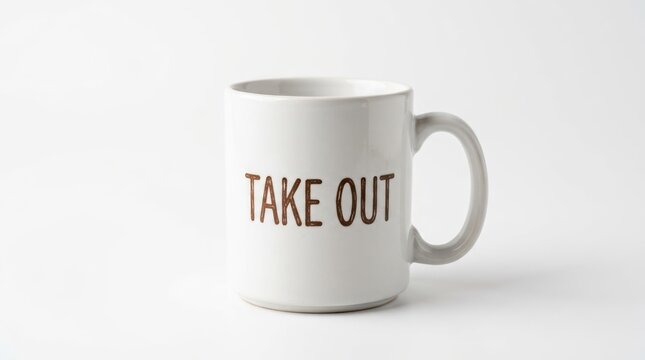 White Ceramic Mug with Take Out Text.