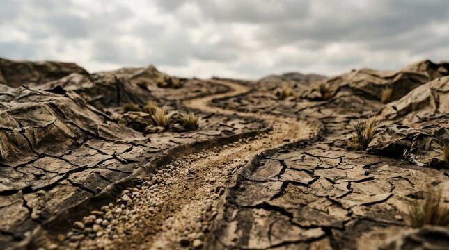 Winding dirt road through cracked dry earth under a cloudy sky.