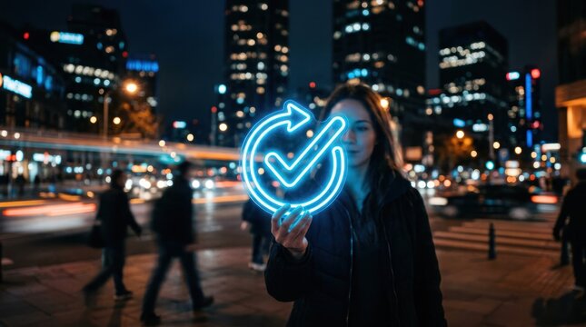 Woman Holding Glowing Check Mark Symbol in Futuristic City Night.