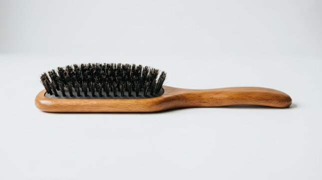 Wooden Hair Brush with Black Bristles on White Background.