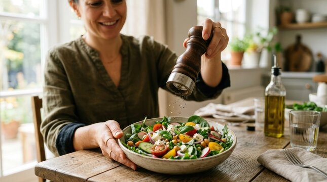 Woman seasoning fresh salad with pepper in a rustic kitchen.
