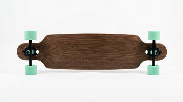 Wooden Longboard Skateboard with Teal Wheels on White Background.