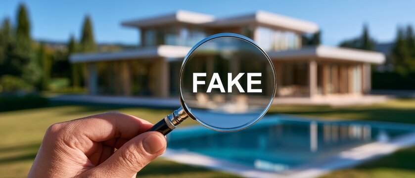 Magnifying glass shows fake text with blurred luxury house in background, representing scrutiny and verification of information Generative AI