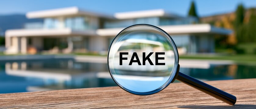 Magnifying glass shows fake text with blurred luxury house background focusing on scrutiny and information verification Generative AI