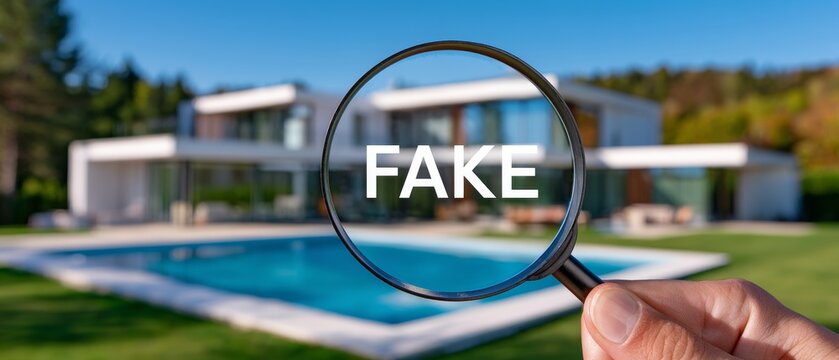 Magnifying glass shows fake text with blurred luxury house background to highlight issues of scrutiny and verification Generative AI