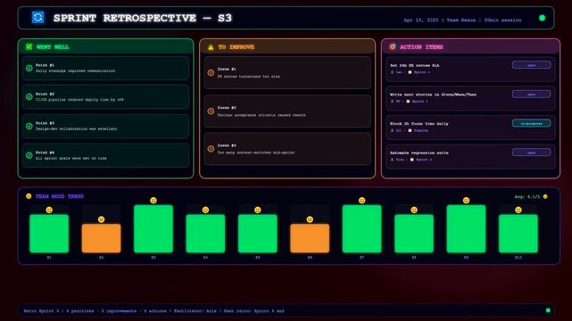 The digital interface reveals a team project timeline as information progressively populates multiple columns including feedback sections and interactive colorful performance data charts.