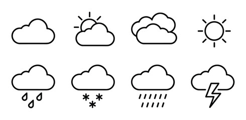 Obraz premium Weather Icons. A collection of simple, modern line-art icons representing various weather conditions, including sun, clouds, rain, snow, and lightning.