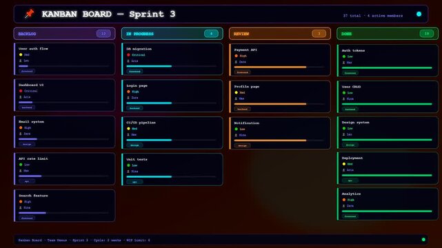 This digital interface shows a dynamic team project timeline progressing through various stages of completion as task cards appear and move across a dark kanban board.