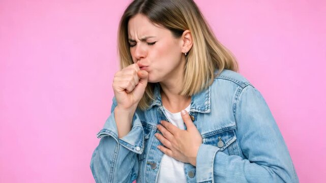A young woman with short hair experiencing respiratory distress, possibly from the cold, smog, or allergies, wearing a blue denim jacket.