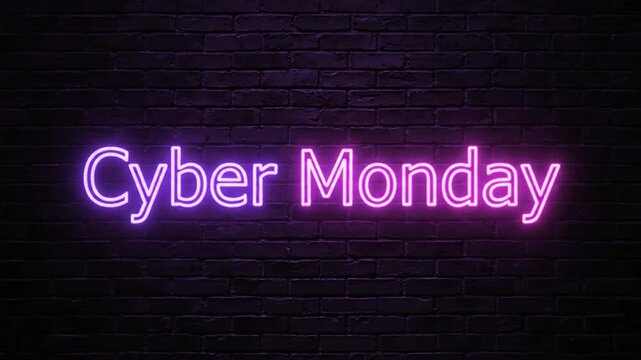 Purple Cyber Monday neon sign on dark brick wall